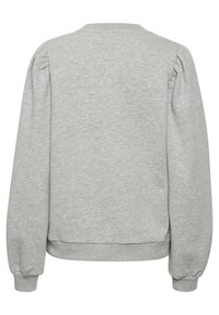 Gray sweatshirt with a crew neck, puffed sleeves, and ribbed cuffs. Smooth texture and casual design without any visible patterns or accents.