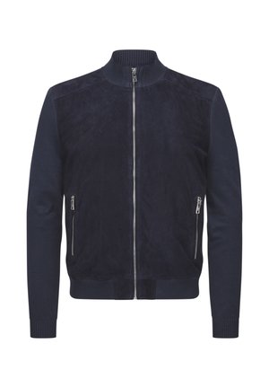 Marineblaue Herrenjacke mit Reißverschluss, geripptem Kragen, Bündchen und Saum, mit zwei vorderen Reißverschlusstaschen.