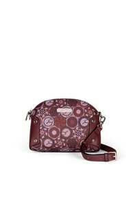 Wzorzysty listonoszka z bordową skórzaną podstawą, z geometrycznym wzorem w różowych i fioletowych odcieniach. Srebrny zamek błyskawiczny i akcenty z metalowymi elementami.