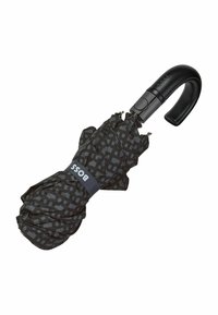 Parapluie compact noir avec un motif géométrique, composé d'un tissu à finition imperméable et d'une poignée courbée noire. Présente un banderole avec un logo.