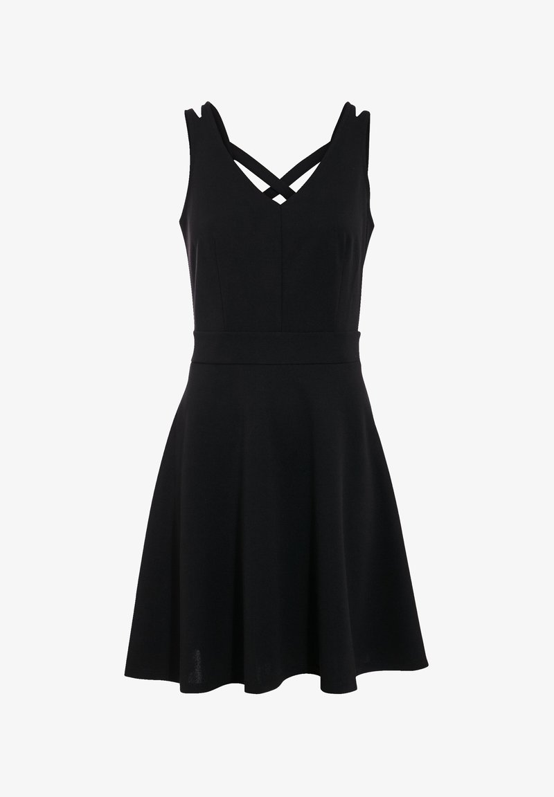Robe noire sans manches avec taille cintrée, jupe évasée et bretelles croisées au décolleté en V sur fond blanc uni.