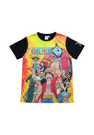 Maglietta con maniche nere, con personaggi di One Piece in pose colorate su uno sfondo vibrante arancione-giallo e il logo di One Piece.