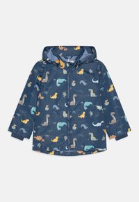 Laivaston vedenpitävä takki, jossa on värikkäitä dinosauruksia kuvastavia kuvioita, etuvetoketju ja huppu. Hihansuut ovat joustavia säädettävän istuvuuden saavuttamiseksi.