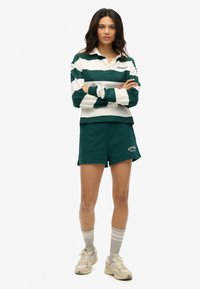 Grün-weiß gestreiftes langärmliges Polohemd mit Kragen, kombiniert mit passenden grünen Shorts. Gesticktes Branding auf beiden Teilen.