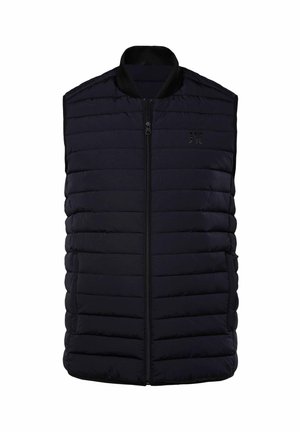 Chaleco acolchado en navy oscuro, con líneas de acolchado vertical, cierre de cremallera en la parte frontal y cuello acanalado. Material ligero con bolsillos laterales.