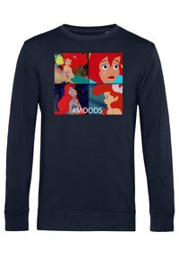 Navy sweatshirt with four scenes of Ariel from The Little Mermaid showing happy, sad, angry, and surprised expressions with "#MOODS" text.