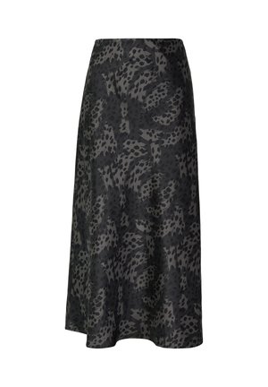 A-line skirt in black with a grey animal print pattern. Smooth texture with a waistband and knee-length design.