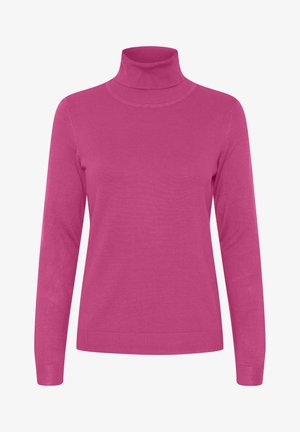 Pull à col roulé fuchsia en tissu tricoté doux, avec de longues manches, un col ajusté et des bords côtelés pour un ajustement épuré.