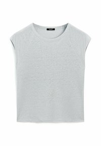 Vaaleanharmaa lyhythihainen paita, jossa on pyöreä kaula-aukko ja raglan-hihat, valmistettu pehmeästä, tekstuuripinnasta. Yksinkertainen ja koristamaton muotoilu.