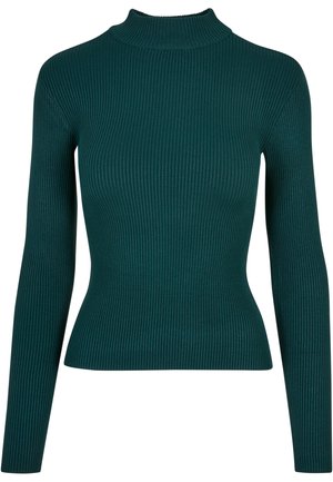 Pils zaļš, ribots, garu piedurkņu turtleneck džemperis ar pieguļošu piegriezumu un teksturētu audumu, kam ir augsts kakls un slaids siluets.