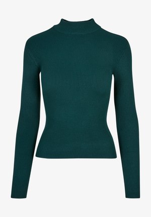 Teal ribbet langærmet turtleneck sweater med en tætsiddende design og struktureret stof, der har en høj hals og slank silhuet.