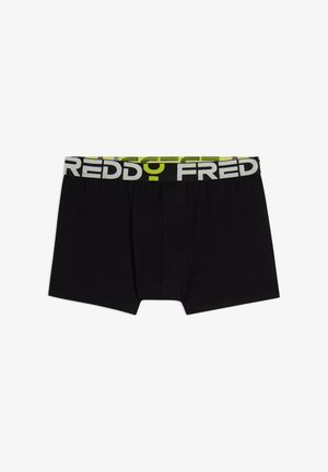 Boxers de algodón negros con una cinturilla elástica ancha que lleva "FREDDY" en blanco y verde neón. Diseño clásico con una abertura frontal.
