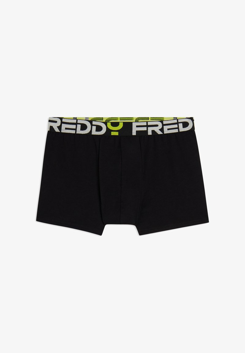Boxer in cotone nero con una fascia elastica larga in vita con la scritta "FREDDY" in bianco e verde neon. Design classico con apertura frontale.