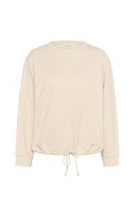 Felpa a maniche lunghe di un leggero beige realizzata in tessuto morbido. Presenta un collo rotondo, spalle scese e un orlo con cordino regolabile.