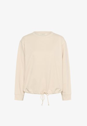 Light beige long-sleeve sweatshirt made from soft fabric. Features a round neck, dropped shoulders, and adjustable drawstring hem.