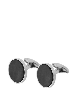 Pair of round silver cufflinks with black circular insets, designed for fastening shirt cuffs.