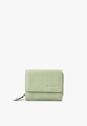 Light green leather wallet with a zippered coin pocket and a flap closure, embossed with subtle brand name on the front.