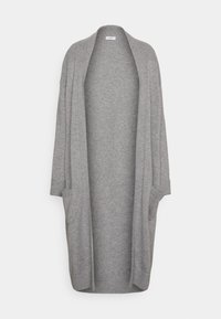 Cardigan long gris à ouverture frontale, épaules tombantes, deux poches avant, et poignets côtelés, présenté sur un fond blanc.