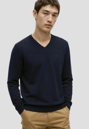 Junger Mann mit kurzen dunklen Haaren, der einen dunkelblauen V-Ausschnitt-Pullover und beige Hosen trägt, mit den Händen in den Taschen, vor einem schlichten grauen Hintergrund.