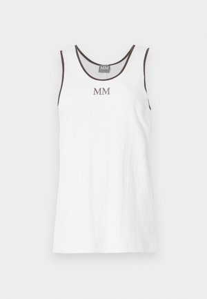Valge sooniline tagi varrukateta tops pruunide äärtega ja esiosas brodeeritud "MM" logo. Ümmargune kaelus.
