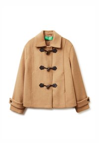 Płaszcz wełniany w kolorze camel z szerokim kołnierzem, trzema ciemnymi zapięciami na toggle oraz zapinanymi mankietami oznaczony marką United Colors of Benetton.