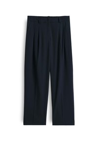 Marineblauwe broek met een recht model, voorzien van voorplooien, zijzakken en een zachte stoftextuur. Elastische tailleband voor extra comfort.