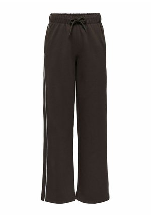 Pantalon de survêtement large noir avec taille élastique, cordon de serrage et fines bandes blanches latérales courant le long des jambes.