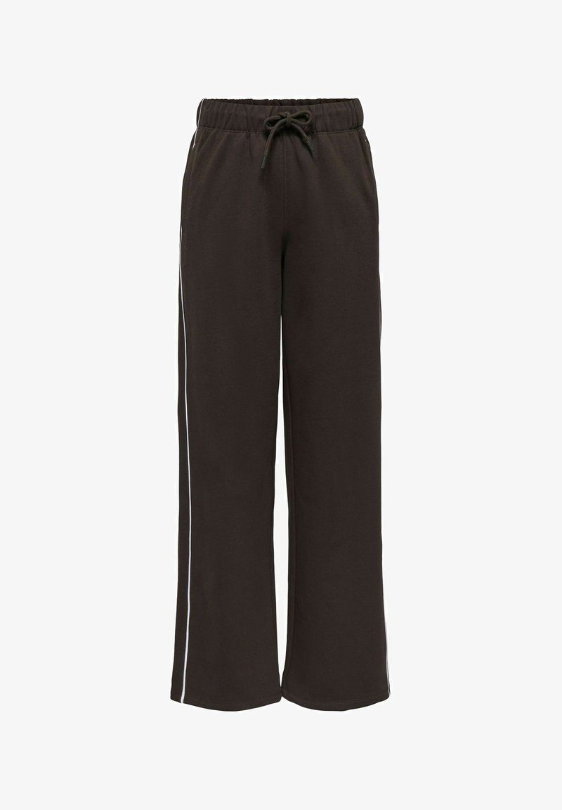 Pantalon de survêtement large noir avec taille élastique, cordon de serrage et fines bandes blanches latérales courant le long des jambes.