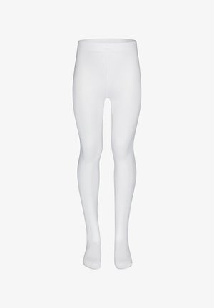 White, opaque tights made from stretchy fabric. Smooth texture with a close-fitting design, featuring a plain waistband and no patterns.