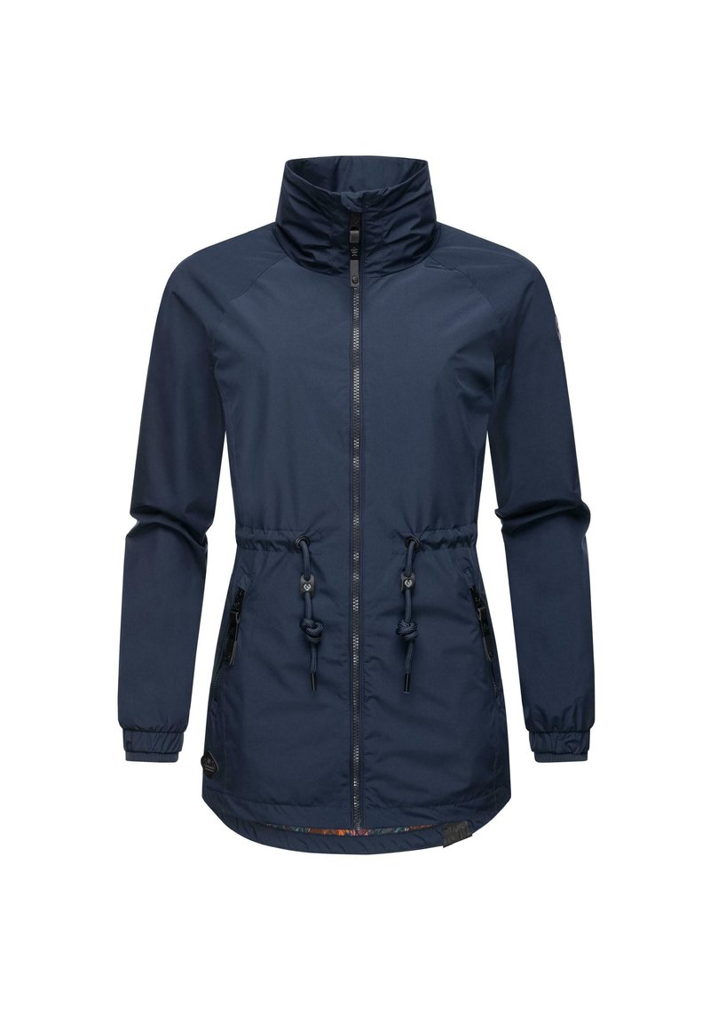 Morska jakna s kapuljačom, s prednjim zippom, nastavljivim strukom s vezicami in elastičnimi manšetami; gladka tekstura, minimalističen dizajn.