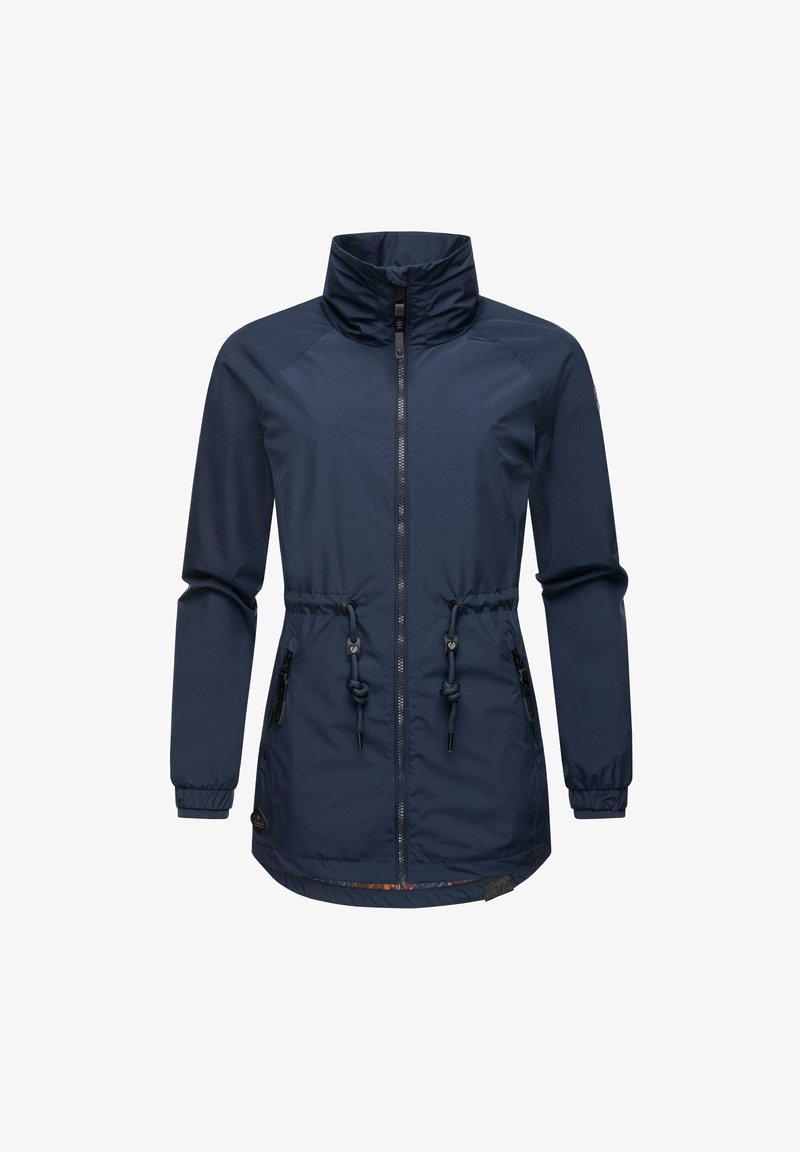 Morska jakna s kapuljačom, s prednjim zippom, nastavljivim strukom s vezicami in elastičnimi manšetami; gladka tekstura, minimalističen dizajn.