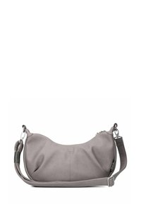 Borsa a spalla in pelle grigia con forma arrotondata, dotata di una lunga tracolla regolabile e una leggera cucitura decorativa. Texture liscia, hardware minimale.