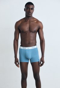 Blaue Baumwoll-Boxershorts mit einem weißen Nike-Logo-Bund, ausgestattet mit einem körpernahen Design und glatter Textur. Das Modell steht frontal zur Kamera.