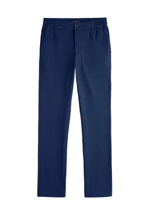 Navy blue men's trousers with elasticated waistband, front button, side pockets, and straight-cut legs.