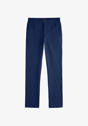Navy blue men's trousers with elasticated waistband, front button, side pockets, and straight-cut legs.