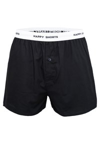 Boxer in cotone nero con elastico bianco in vita con la scritta "HAPPY SHORTS" stampata. Include un dettaglio a bottone frontale.