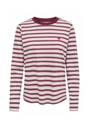Chemise à manches longues avec des rayures horizontales bordeaux sur tissu blanc, col rond bordeaux et petit détail cœur rouge sur la poitrine gauche.