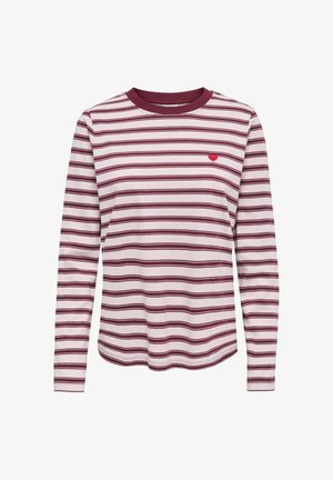 Chemise à manches longues avec des rayures horizontales bordeaux sur tissu blanc, col rond bordeaux et petit détail cœur rouge sur la poitrine gauche.