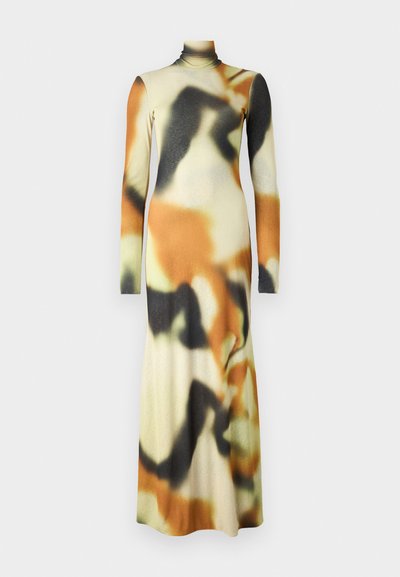 Long-sleeve, high-neck dress with an abstract pattern featuring shades of orange, black, and beige. Made of stretchy, smooth fabric.