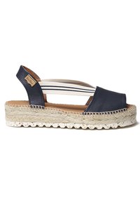 Navy leather espadrille sandal with an open toe, elastic straps, woven jute sole, and a subtle logo accent on the heel.