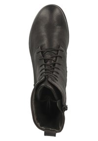 Schwarze Lederstiefelette mit strukturiertem Finish, Schnürung vorne und einem Reißverschluss an der Seite. Abgerundete Zehenform und robustes Design.