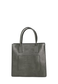 Grijze handtas met een gestructureerde vorm, twee handvaten en een voorvak. Het materiaal lijkt op faux leer met een krokodillenpatroon.