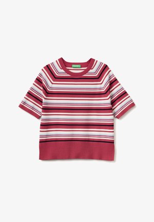 Jersey de punto de manga corta con rayas horizontales en tonos rosa, blanco, negro y azul claro, cuello redondo y bajo acanalado.