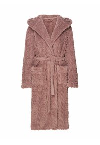 Hooded bathrobe in soft, textured, rose-colored fabric with a patterned design, featuring two pockets and a matching belt.