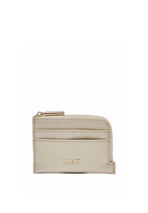 Portacarte in pelle beige con cerniera, due scomparti per carte e logo dorato "LIU JO" sulla parte anteriore.