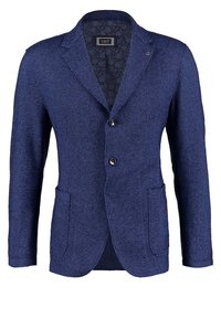 Sako v tmavě modré texturované látce, s klopovými límci, dvěma předními kapsami a jedním zapínáním na knoflík, s puntíkovanou podšívkou.