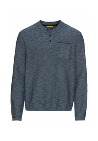 Herren Langarmhemd, navy mit hellblauen Streifen, Henley-Stil, mit drei Knöpfen, einer Brusttasche, geripptem Kragen und Manschetten.
