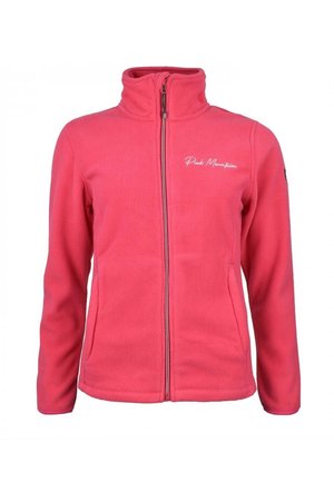 Chaqueta de forro polar rosa con cremallera completa en la parte frontal, cuello alto y logo "Peak Mountain" en el pecho izquierdo.