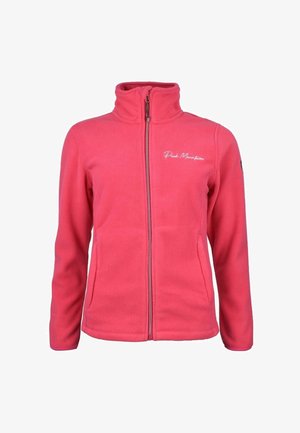 Roze fleecejack met volledige ritssluiting aan de voorkant, hoge kraag en "Peak Mountain" logo op de linkerborst.