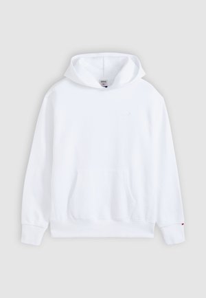 Hanorac alb cu glugă, cu buzunar tip cangur în față și manșete striate, prezentat pe un fundal neutru de culoare gri deschis.